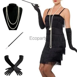 1920s Charleston Flapper Costume Accessory Women Fancy Imitation Pearl Bead Necklace Gloves Cigarette Holder Set Party Dress Up