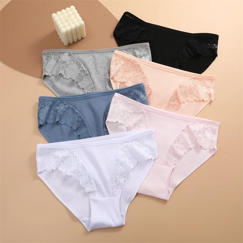 FINETOO 4Pcs/set Women Cotton Panties Sexy Low Waist Underpants Female Fashion Patchwork Lace Briefs Floral Soild Lingerie S-M