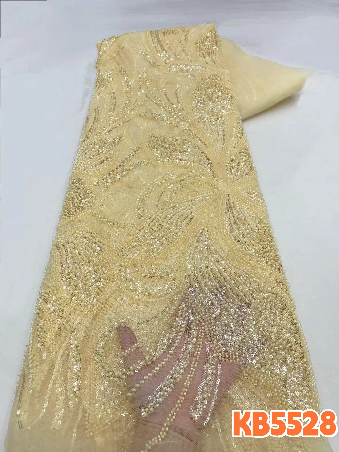 

DREAMYLSI Green Beads French Sequins Mesh Lace Fabric Nigerian Sequence Tulle Lace for Women Wedding Dress 5 Yards Bridal KB5528