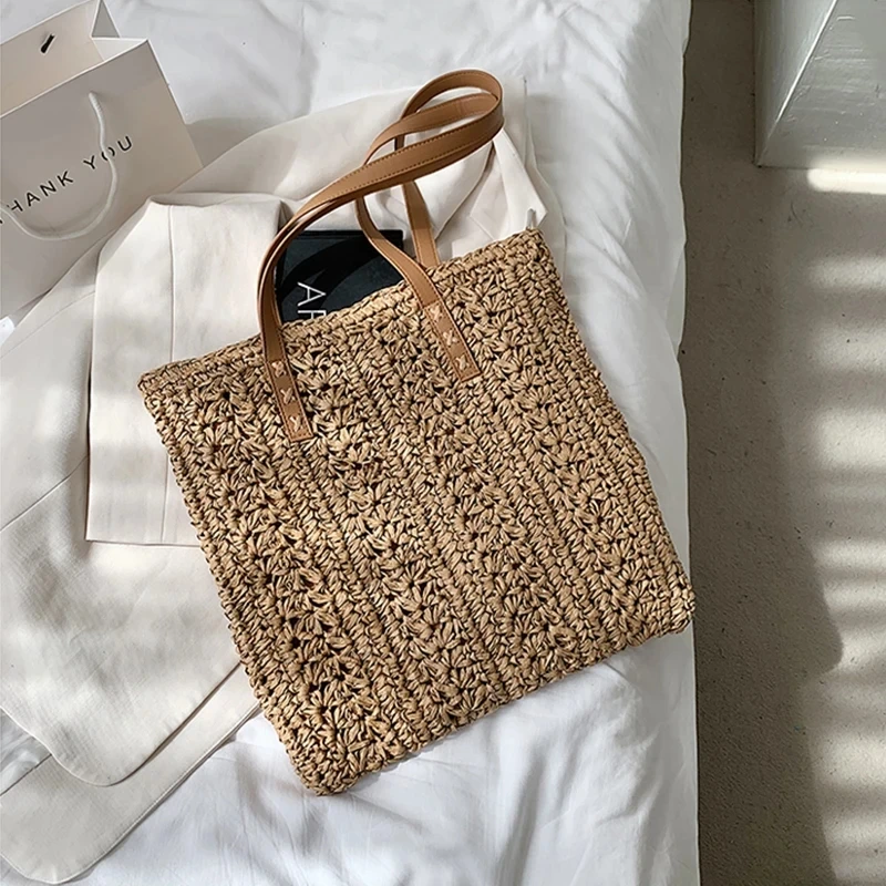 Square Hollow Straw Beach Bag Handmade Woven Shoulder Bag Raffia Rattan Shopping Travel Bag Bohemian Summer Vacation Casual Tote