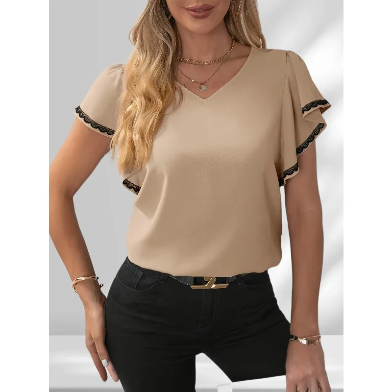 حجم كبير جديد الخريف المرأة البتلة كم بلايز الدانتيل الكروشيه Crewneck قمصان عادية فضفاض بلون الأساسية تونك التي شيرت