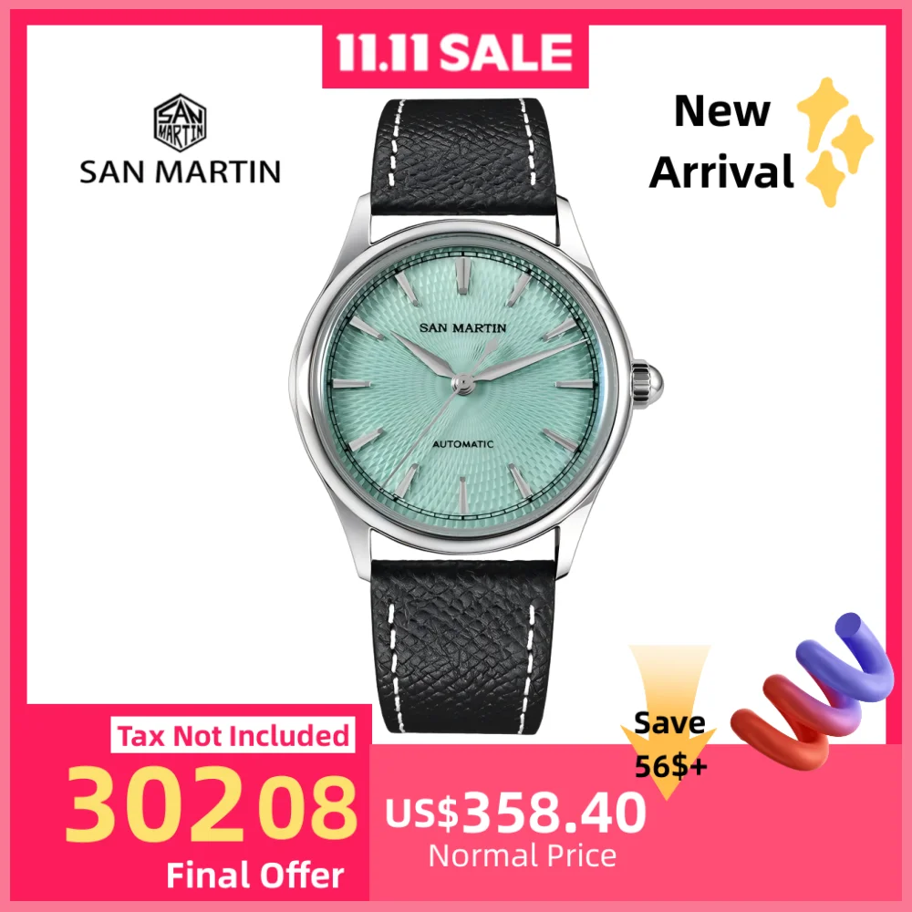 

San Martin 37mm Seagull ST1812 Self-Wind Enamel Oil Pressured Dial Watch For Men Dress Sapphire Glass Case Back SN0100A-1