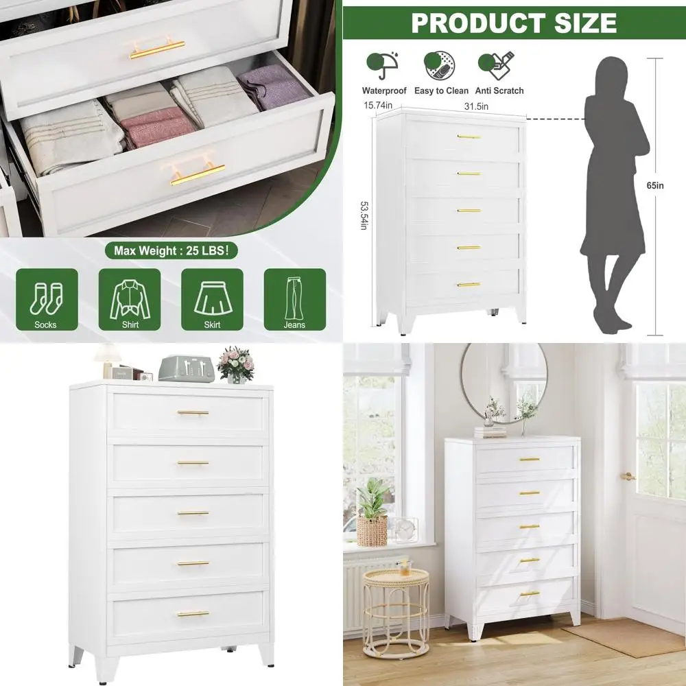 

Elegant Tall White Dresser with 5 Drawers for Bedroom or Hallway Storage