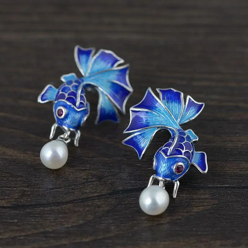 Natural Khotan jadesilver cloisonne enamel inlaid  earrings Chinese classical palace style koi charm fresh women's brand jewelry