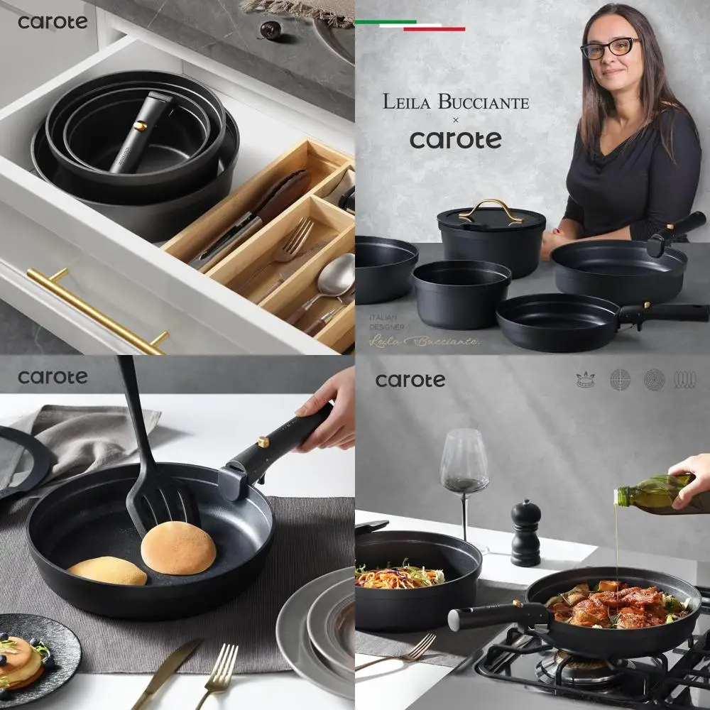 

Black 20-Piece Non-Stick Cookware Set, Dishwasher, Oven, and Fridge Safe, Removable Handle, RV and Induction Compatible Kitchenw