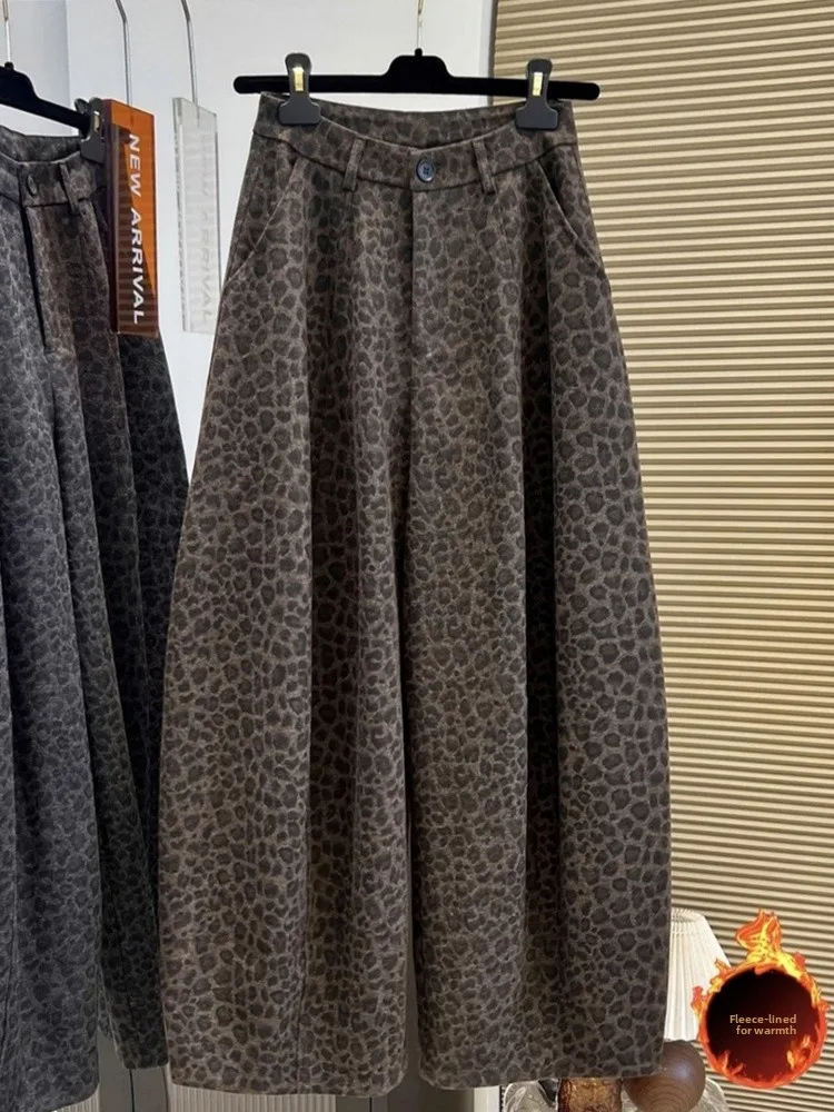Retro Leopard Print Fce Lined Casual Pants Women's Autumn Winter plus Size Loose Hip Concealing Slim Wide Leg Pants