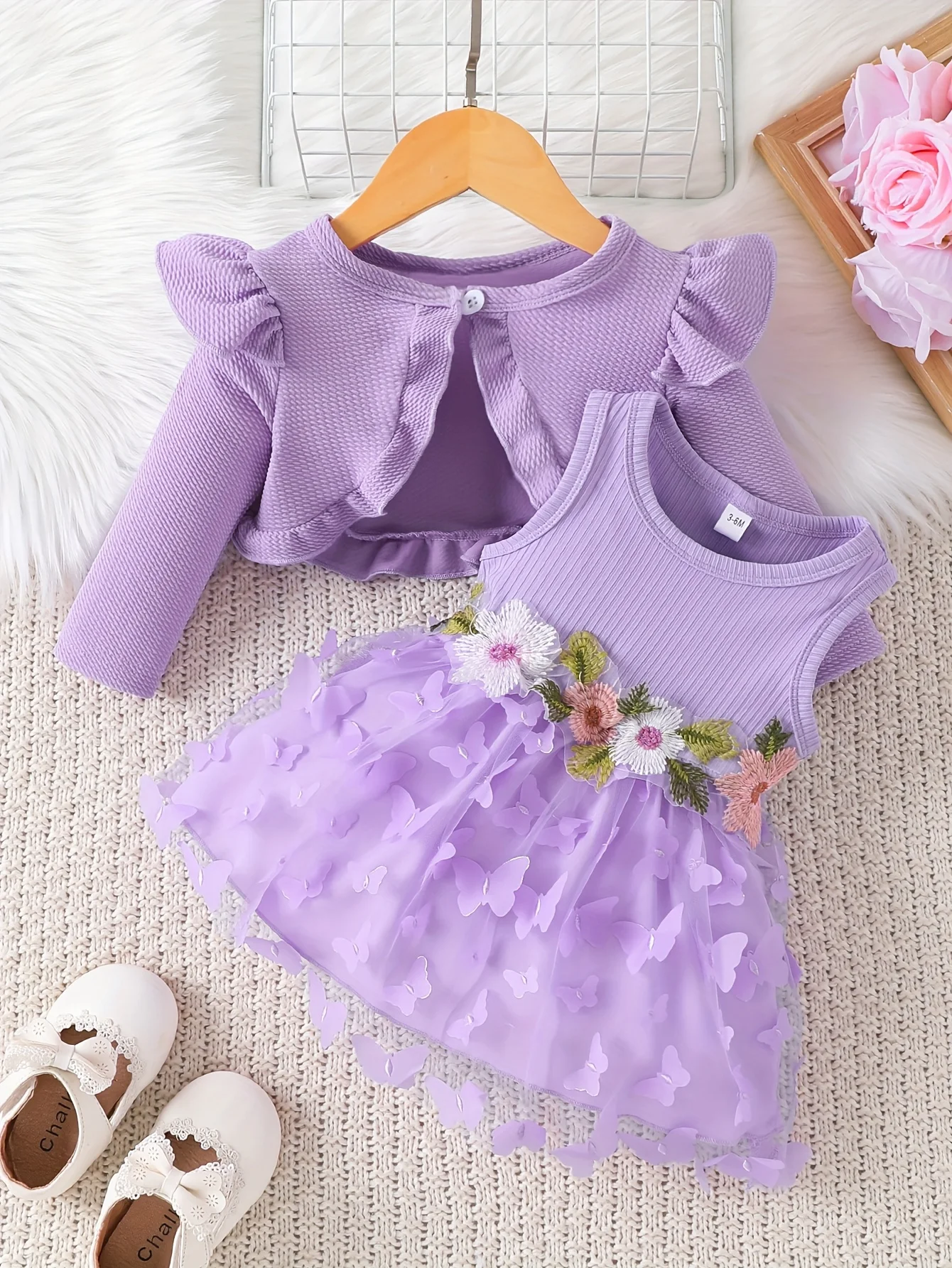 الزي الأرجواني للفتيات الصغيرات: فستان من التول على شكل فراشة ثلاثية الأبعاد + طقم سترة منسوجة مكشكشة مكون من قطعتين