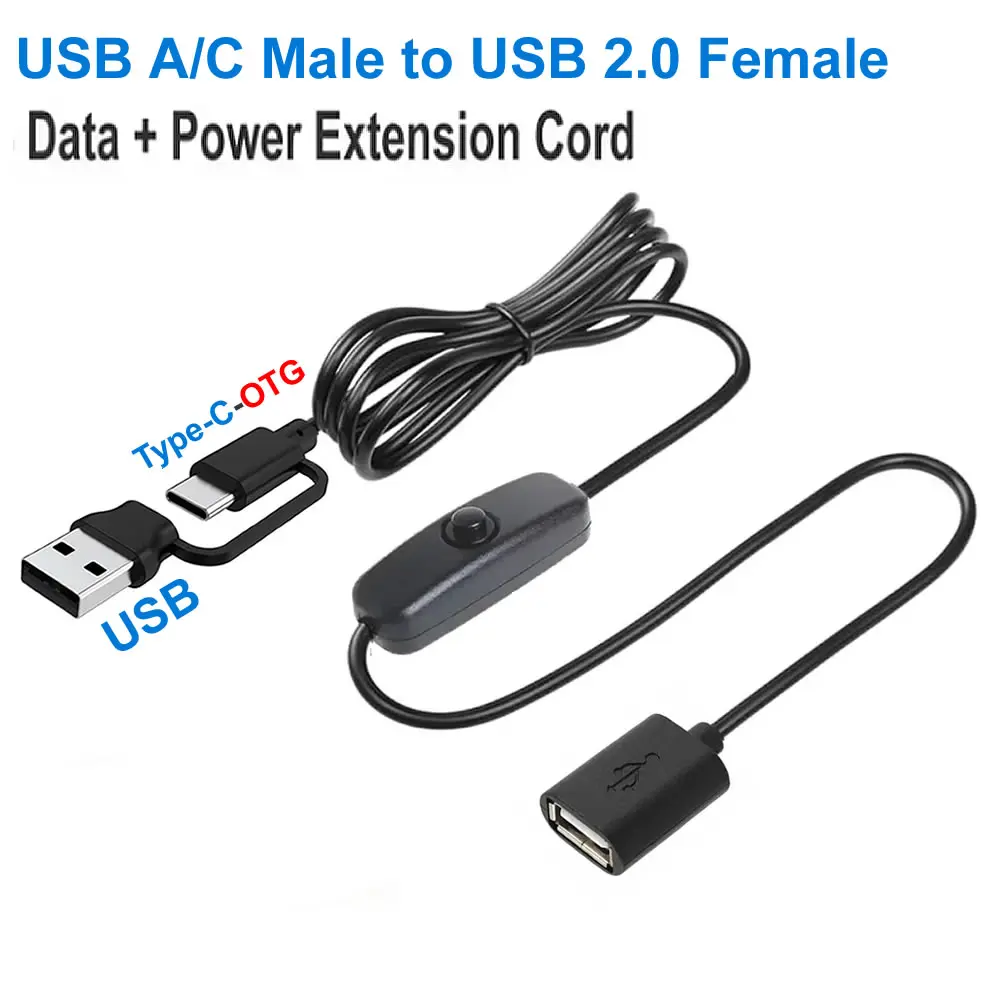 1 m/2 m USB-Verlängerungskabel, Stecker auf Buchse, mit Ein-/Aus-Schalter, Datenübertragung und Aufladung für LED-Lampe/USB-Blitz/Lüfter/LED-Streifen usw