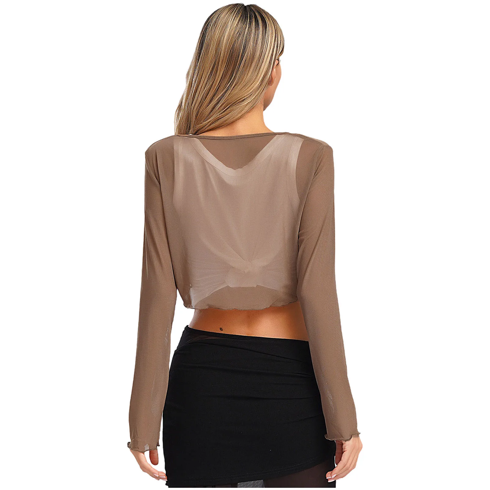 Costume da bagno bikini da donna in rete semitrasparente Copricostume da spiaggia Top Costume con allacciatura frontale Cardigan Top con protezione solare increspato