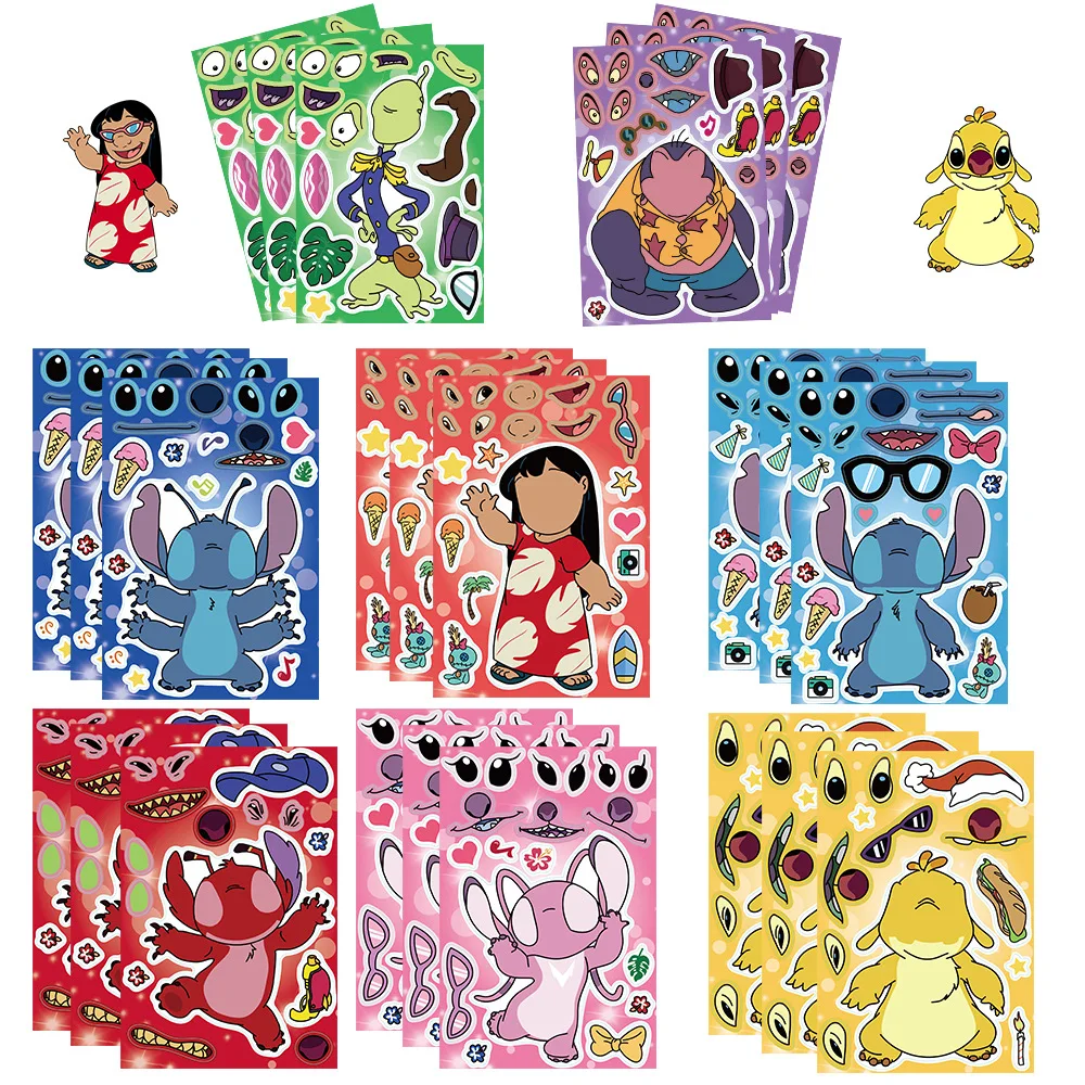 8 fogli Disney Stitch Cartoon Puzzle Stickers Anime Cute Children Make A Face giocattoli fai da te divertente assemblare Jigsaw Kids Boys Girls