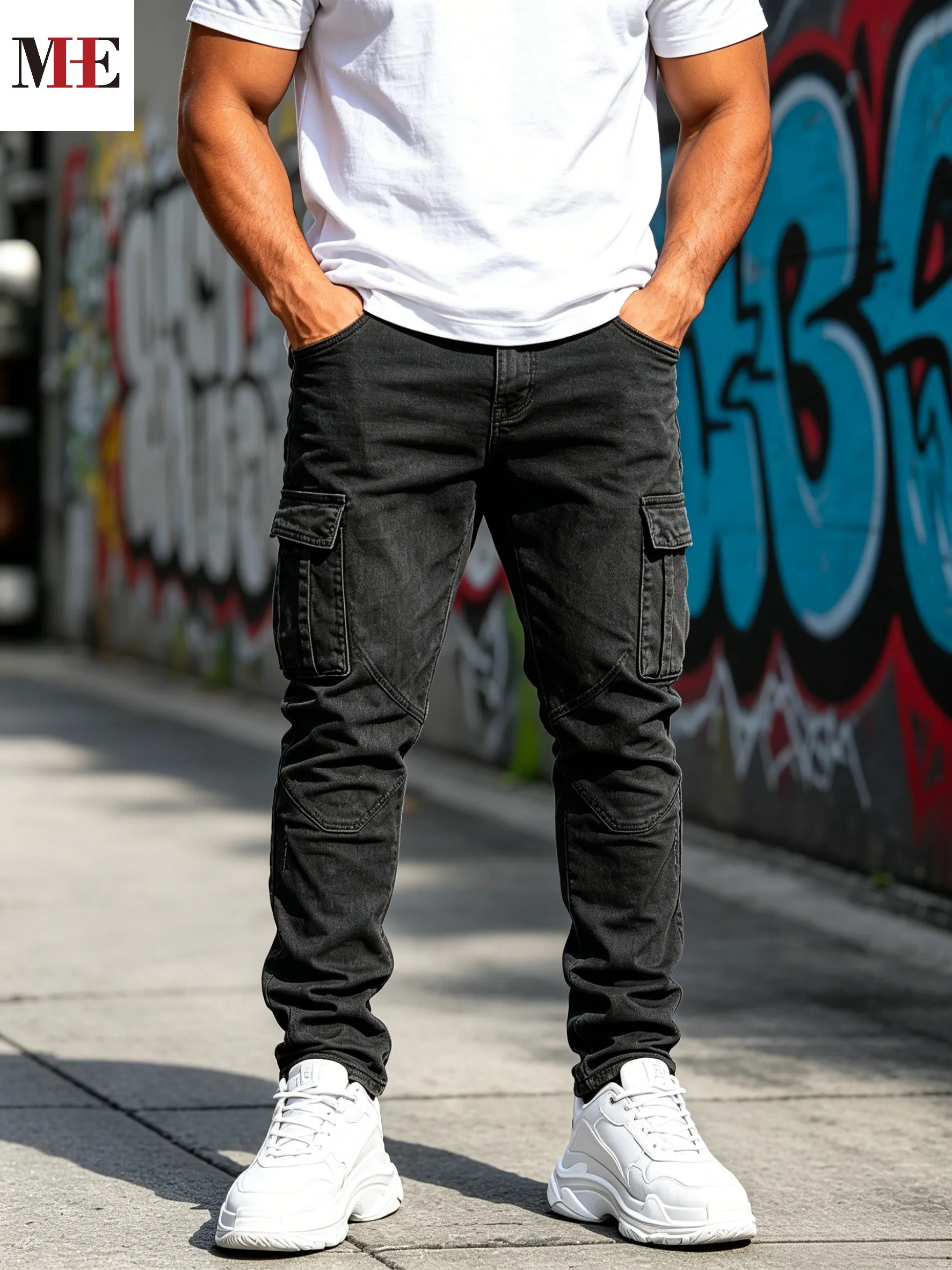 HME Functional Casual Denim Pants, Black Long Denim Pants with Biker Knee Cut & Cargo Splice for Hip Hop Daily Outfits
