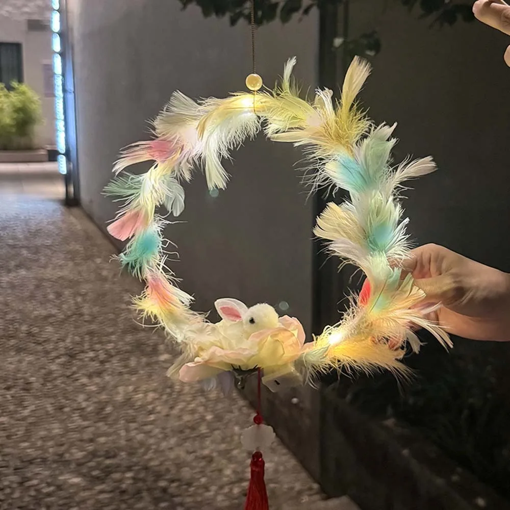 

Handmade Children's Rabbit Lantern Chinese Style Glowing Osmanthus Flower Lanterns Circular Handheld Feather Bunny Lamp