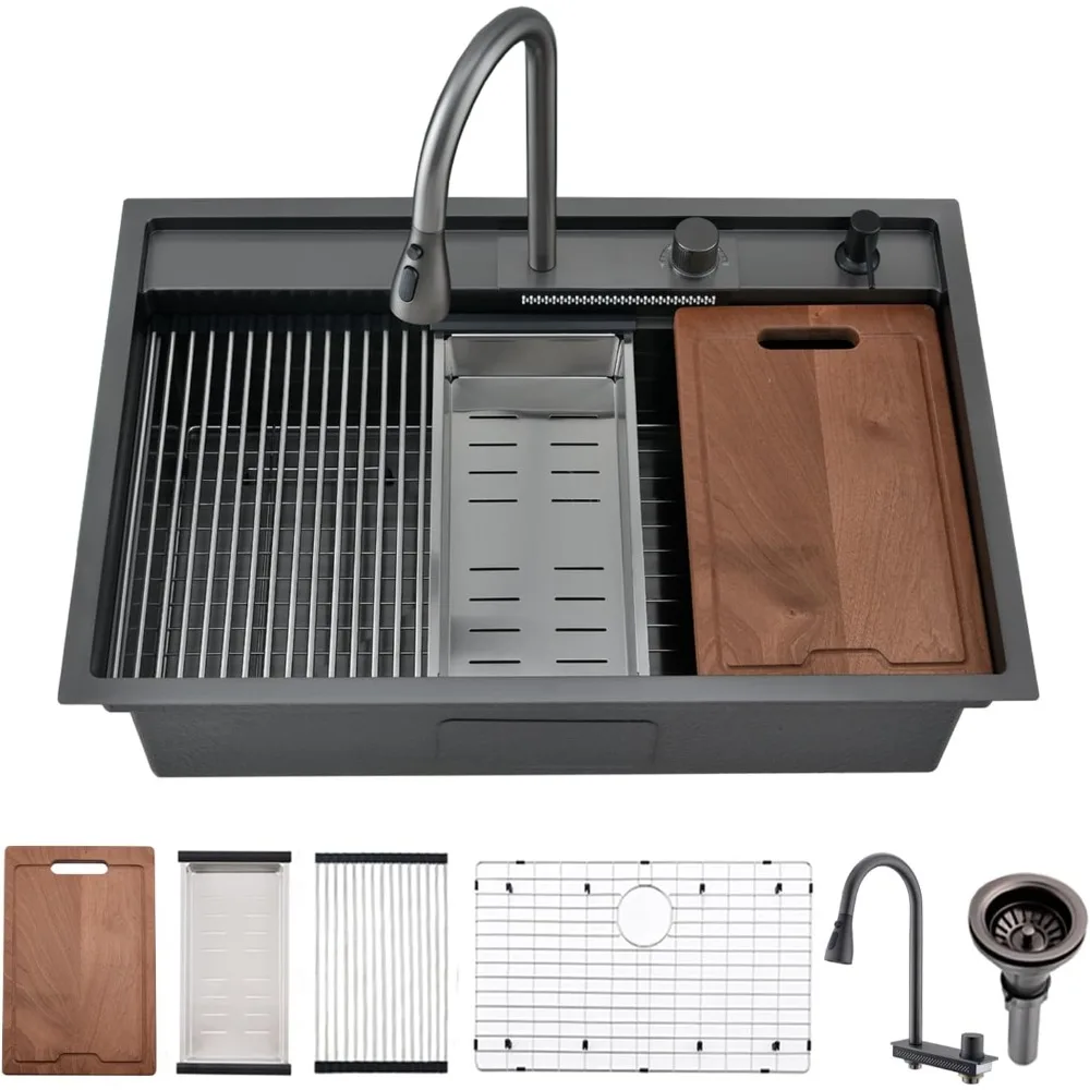 

33 Inch Drop In Kitchen Sink Splash Guard Waterfall Workstation Black 33x22-Inch Single Bowl Sink