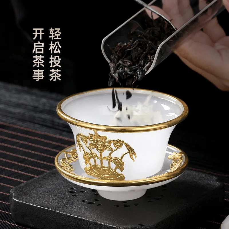 Handmade gold inlaid jade glazed three talent cover bowl teacup household kung fu tea set tea brewer large tea bowl with lid