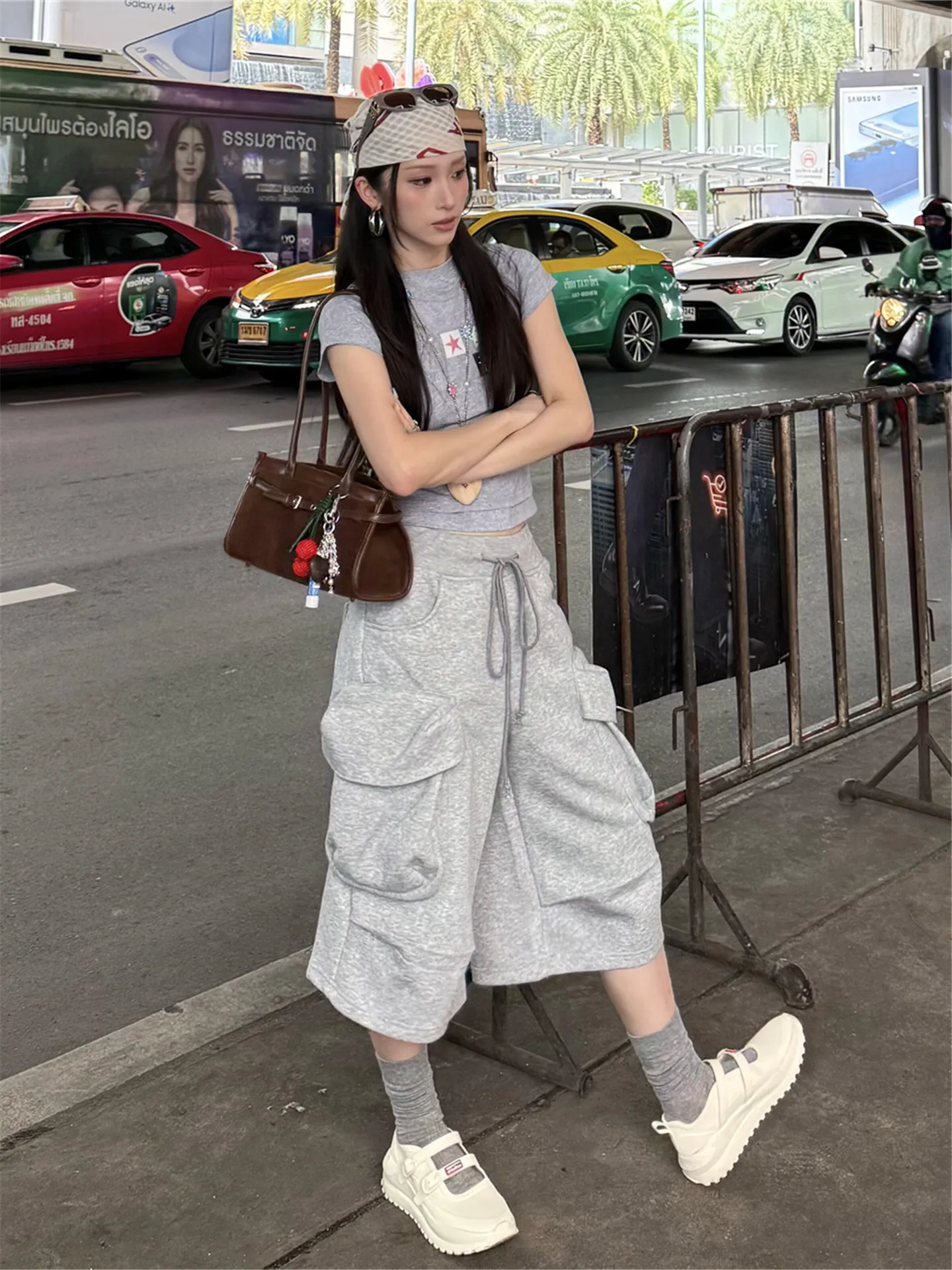 American Street Style Grey Sports Casual Shorts Women Summer Thin Loose Slimming Multi-Pocket Workwear Five-Quarter Pants