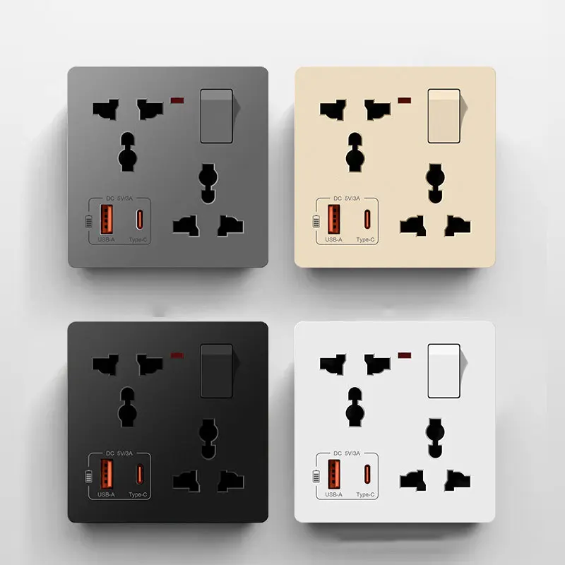 Multifunctional 1Gang 6 six-Hole Socket With USB+Type-c Charging 86-Type Concealed Universal Three Pin Plug With Switch Control