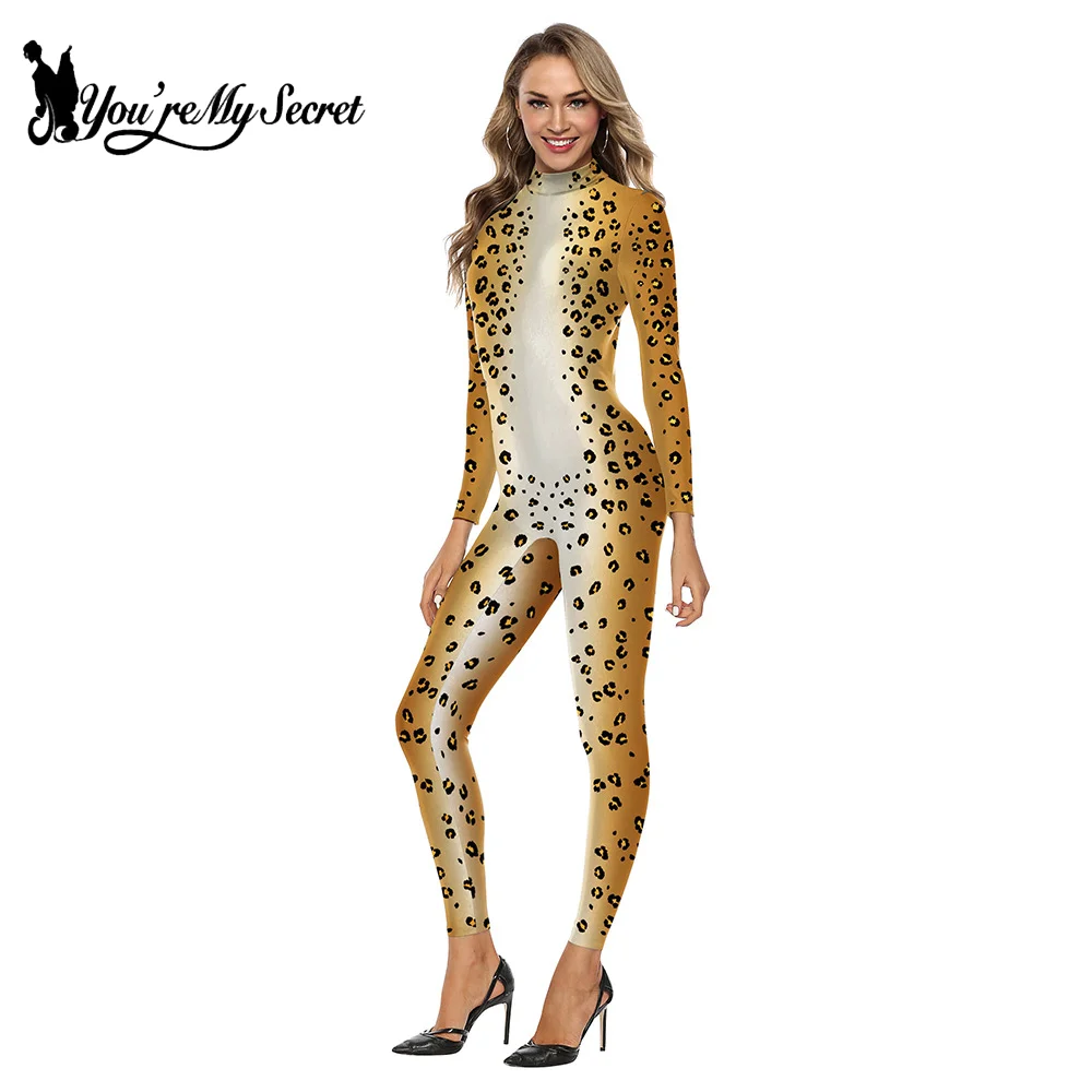 Halloween Cosplay Costume For Women Animal Leopard Printed Elastic Bodysuit Rompers Party Zentai Spandex Jumpsuits