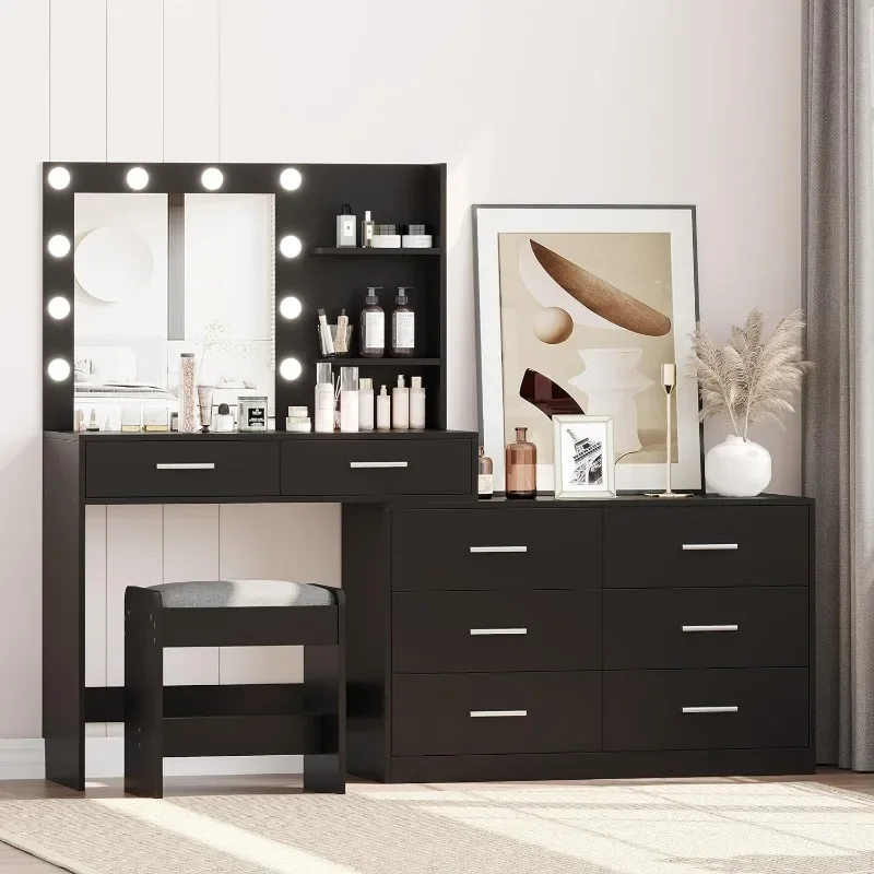 Vanity Desk with Mirror and 3-Color Lights, 8 Drawers Vanity Table with Side Storage Shelf, Dressing Table, Adjustable Width