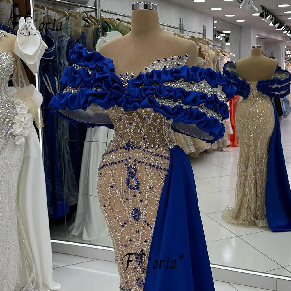 Elegant Blue Prom Dress 2025 Beads Crystal Ruffled Shoulder Formal Evening Gown Customized robes longues soirées élégante 2025
