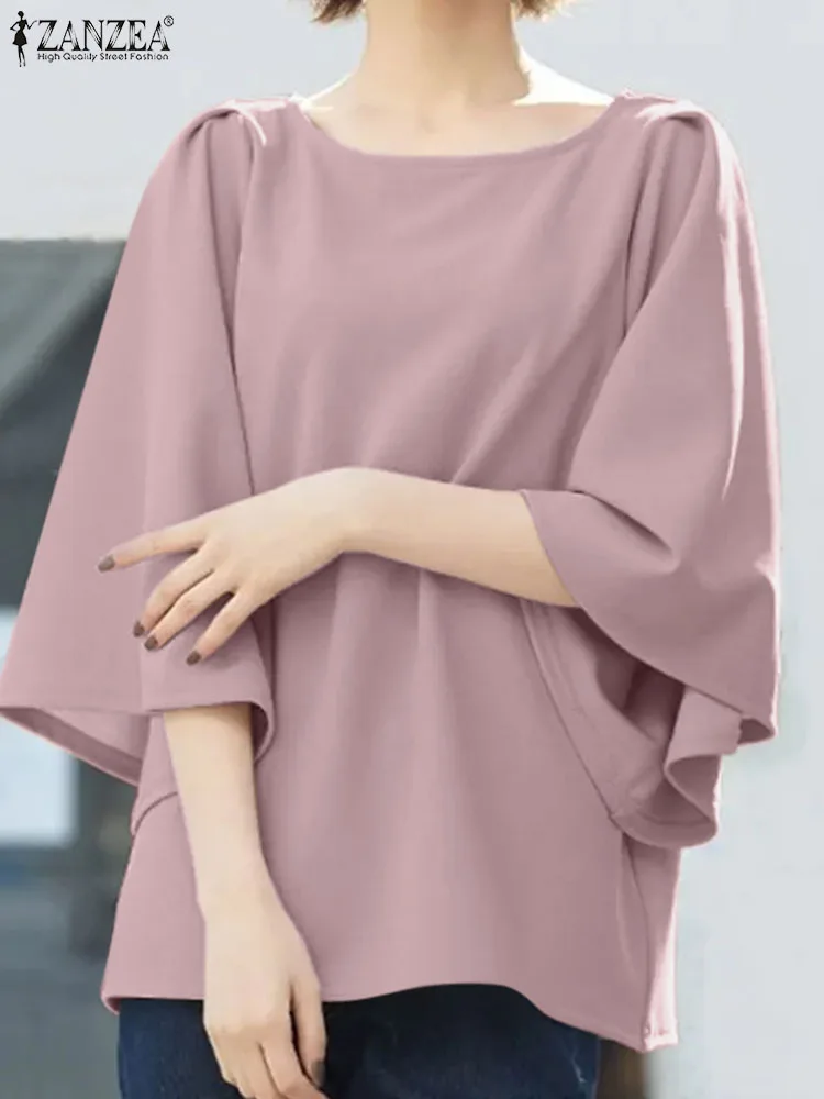 

Summer O Neck 3/4 Flare Sleeve Blouse ZANZEA Fashion Women Elegant Solid Shirt Casual Loose Work Blusas Female Stylish Tops 2024