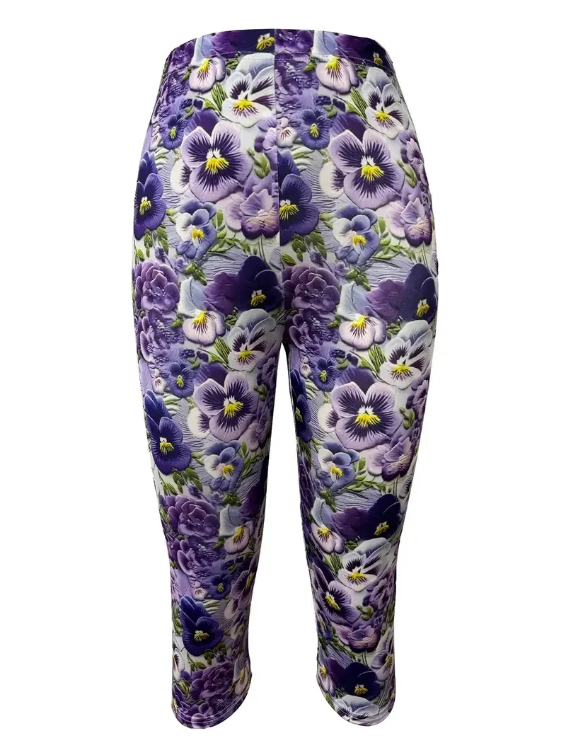 Beach holiday flower print slim-fit elastic elastic waist tight casual capri leggings for women