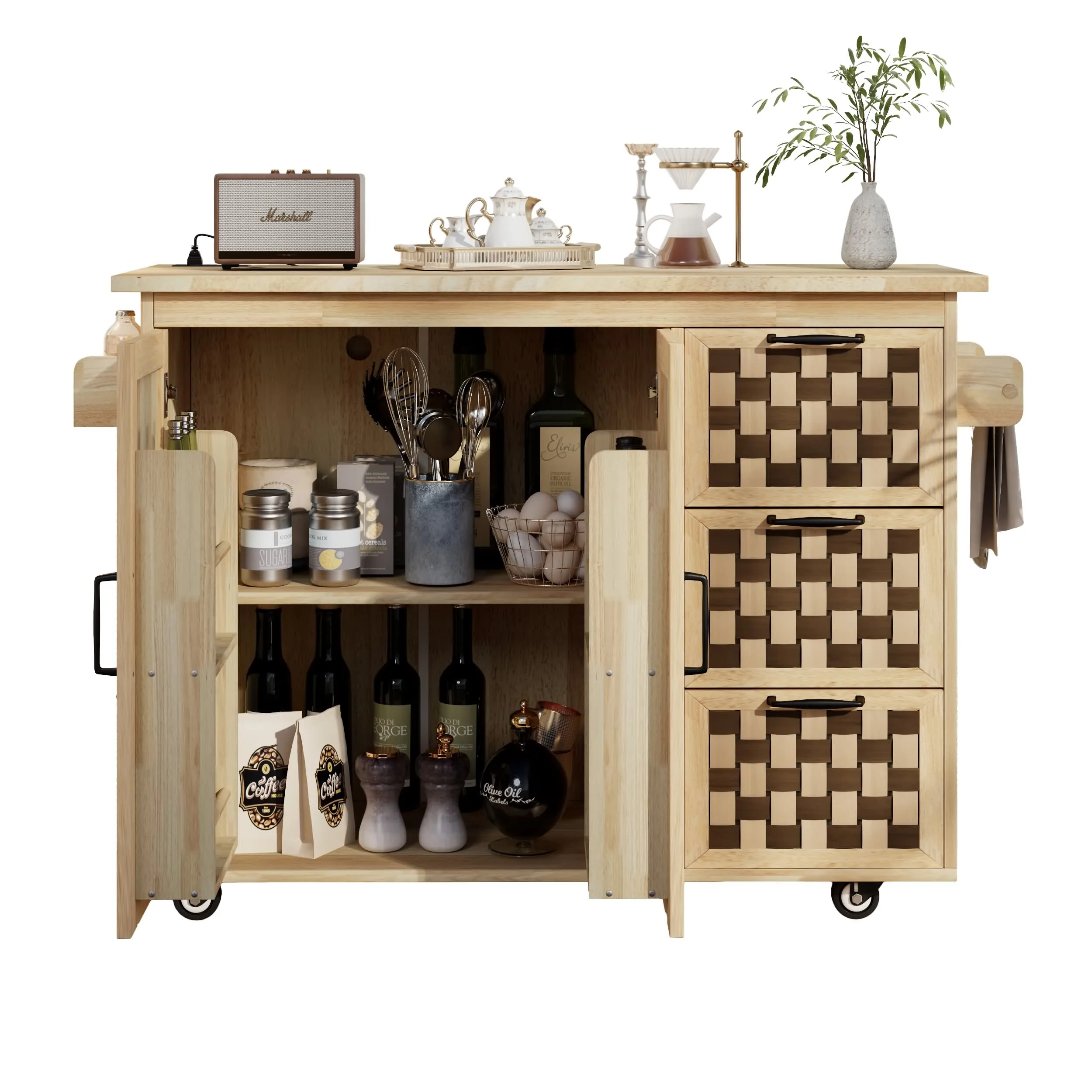 3D Woven Checkerboard Pattern Design Kitchen Island with Drop Leaf, Rolling Kitchen Island on Wheels with Internal Storage Rack