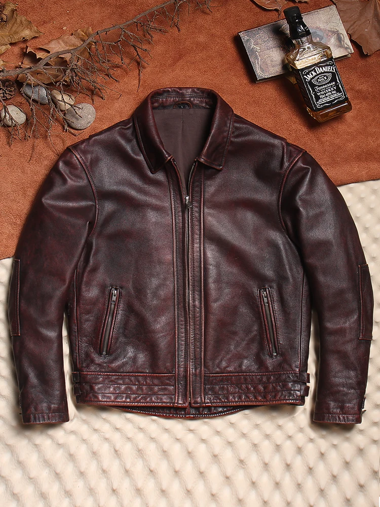 

Retro American Sle Men's Full ain Soft Cowhide Leather Jaet High Waist Zipper Closure Biker Vest Gothic Youth Autumn Sport