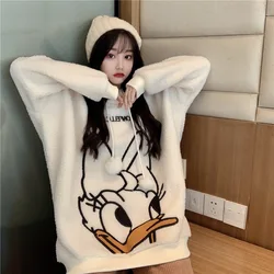 Woman Jacket Lamb Wool Coat Autumn and Winter New Cute Donald Duck Lamb Wool Sweater Coat Female Thick Mid-length