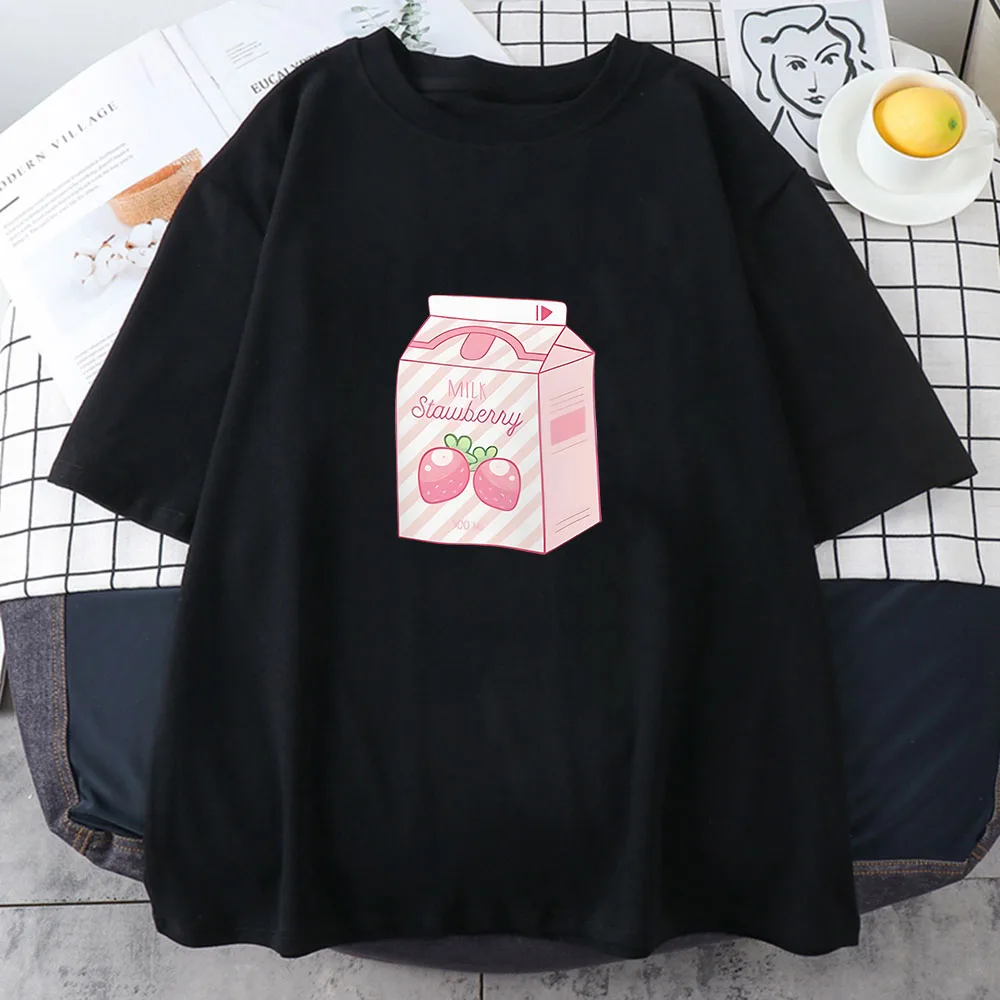 Strawberry Milk Cartoon Printing Tee-shirt Cotton Soft High Quality T-shirts Spring Women Kawaii Graphic Tshirt Comfortable Cute