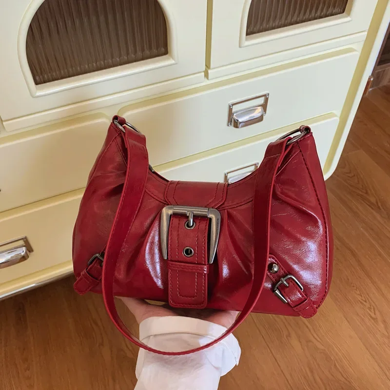 

Vintage Commuter Women Shoulder Bags Y2K Cool Hot Girls Pu Leather Hobos Underarm Bag Solid Color Pleated Design Ladies Handbags
