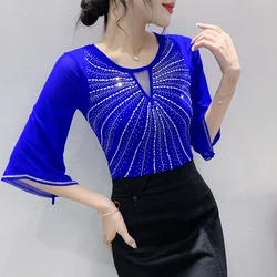 Summer New Arrival Half Flare Sleeve T Shirt Women O Neck Diamonds Mesh Tshirts Tops Girl Fashion Stretchy Slim Tees