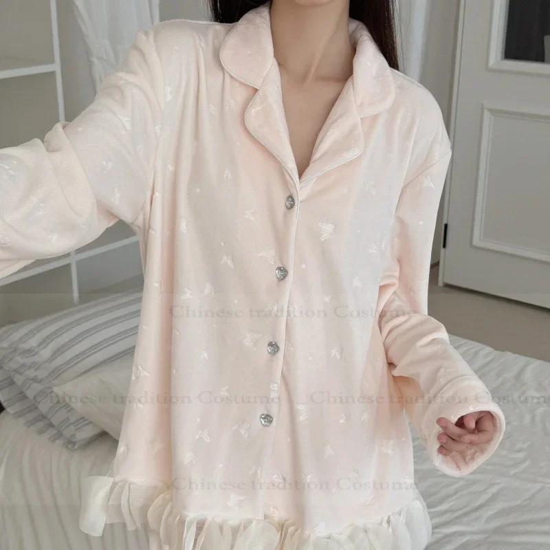 

Warm Home Clothes Island Velvet Pajamas Suit Autumn Winter Warm Pyjamas Women Princess Style Butterfly Nightwear Femme Pjs