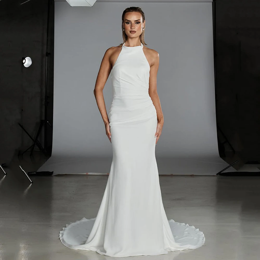 

Halter Backless Wedding Dresses Mermaid Wedding Party Dresses White Bridal Dresses Sleeveless Modern Bride Gown Customized