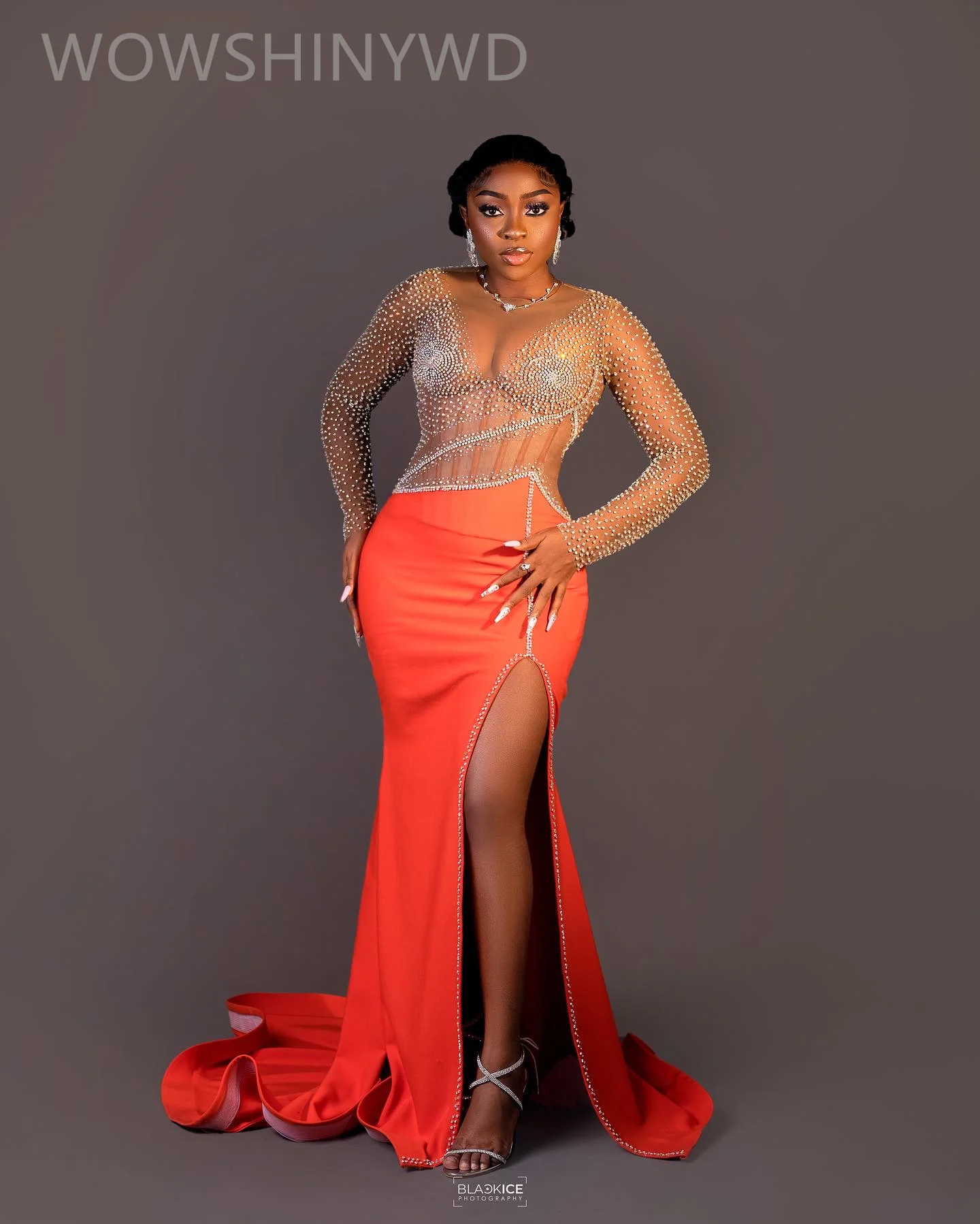 

2024 Plus Size Orange Mermaid Prom Dresses Beaded Crystals Evening Formal Party Second Engagement Birthday Gowns Dresses ZJ80