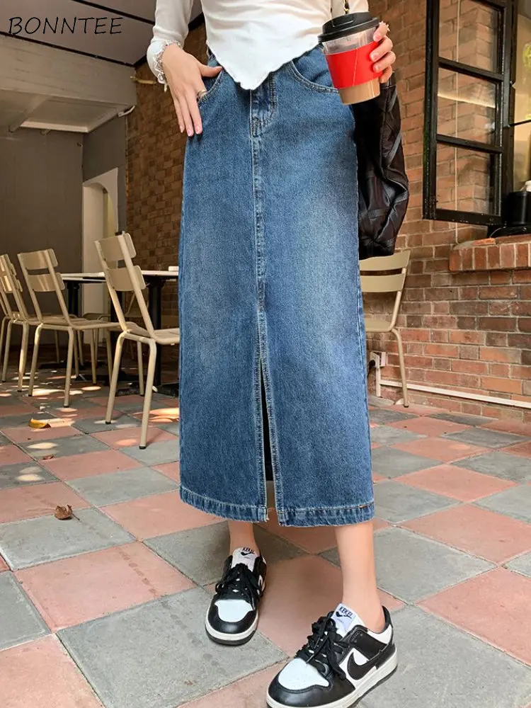 

Denim Skirts Women Vintage High Waist Spring A-line Fashion Slit Hotsweet Mid-calf Simple Korean Style Causal All-match Chic Ins