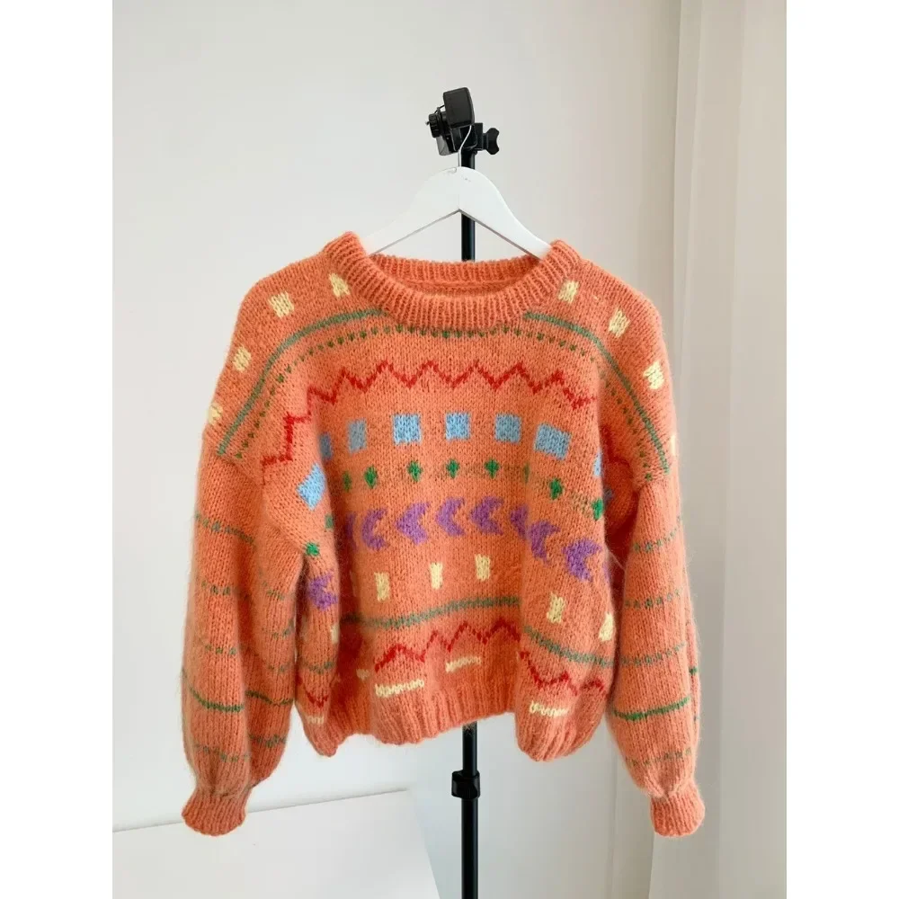 2023 Winter Handwork Orange Long Sleeve Geometric Knit Sweater Pullovers