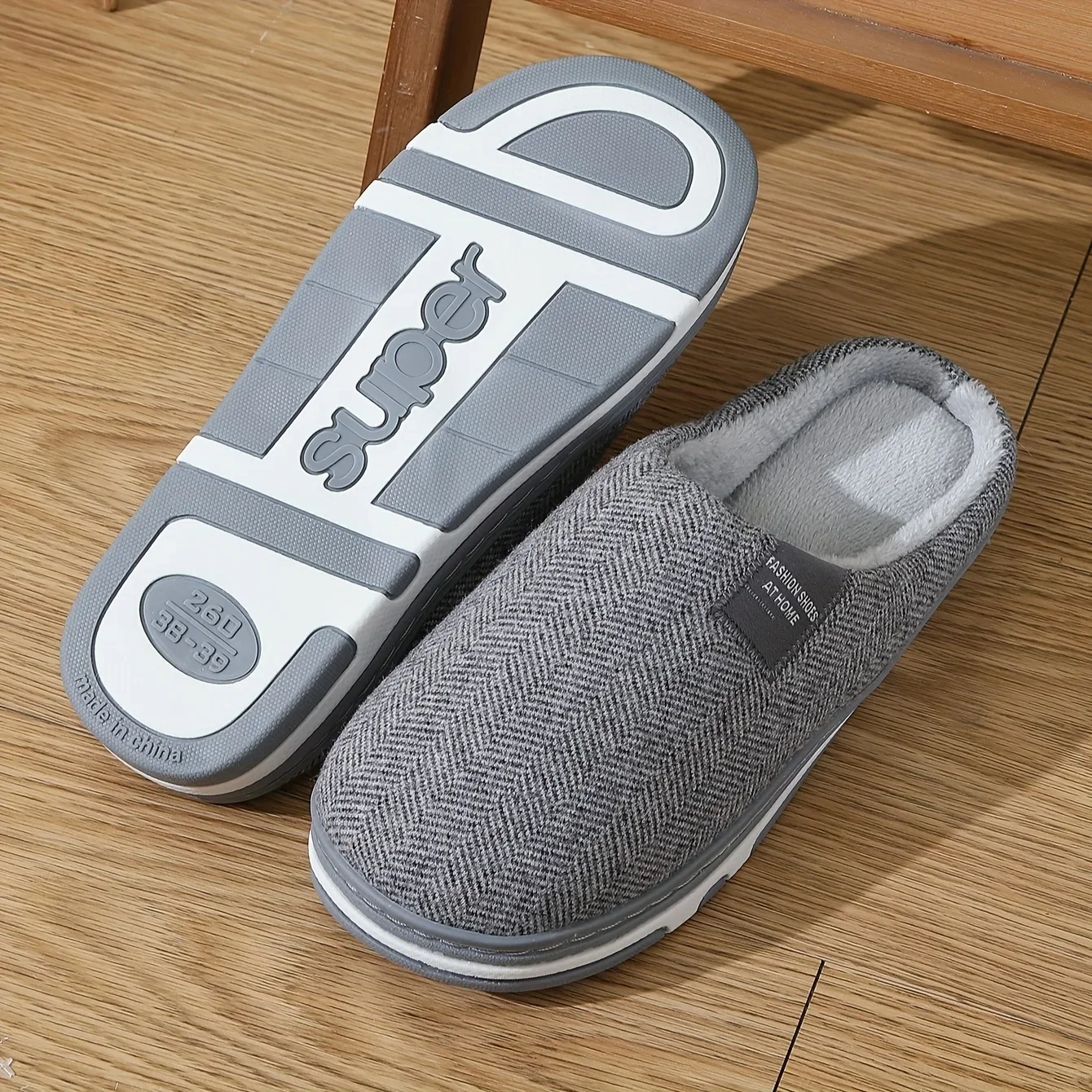 SHAJI Damen Herren Fischgrätmuster Retro Flache Hausschuhe Grau Große Größen TPR-Sohle Bequeme Lässige Indoor-Mode-Schuhe – Detail 3