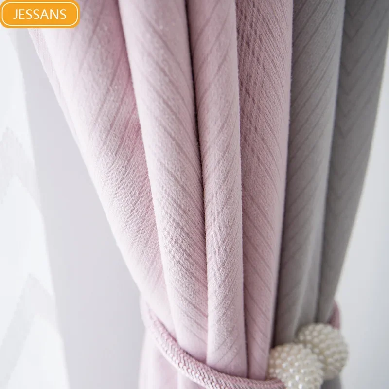 

Pink W Gray Cotton Velvet Fabric Splicing Curtains for Living Room Bedroom Balcony Children's and Girls' Room Customization