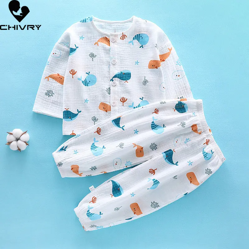 Kids Boys Girls Pajamas 2023 Summer Cotton Linen Thin Cartoon Three-quarter Sleeve Tops with Pants Baby Sleeping Clothing Sets