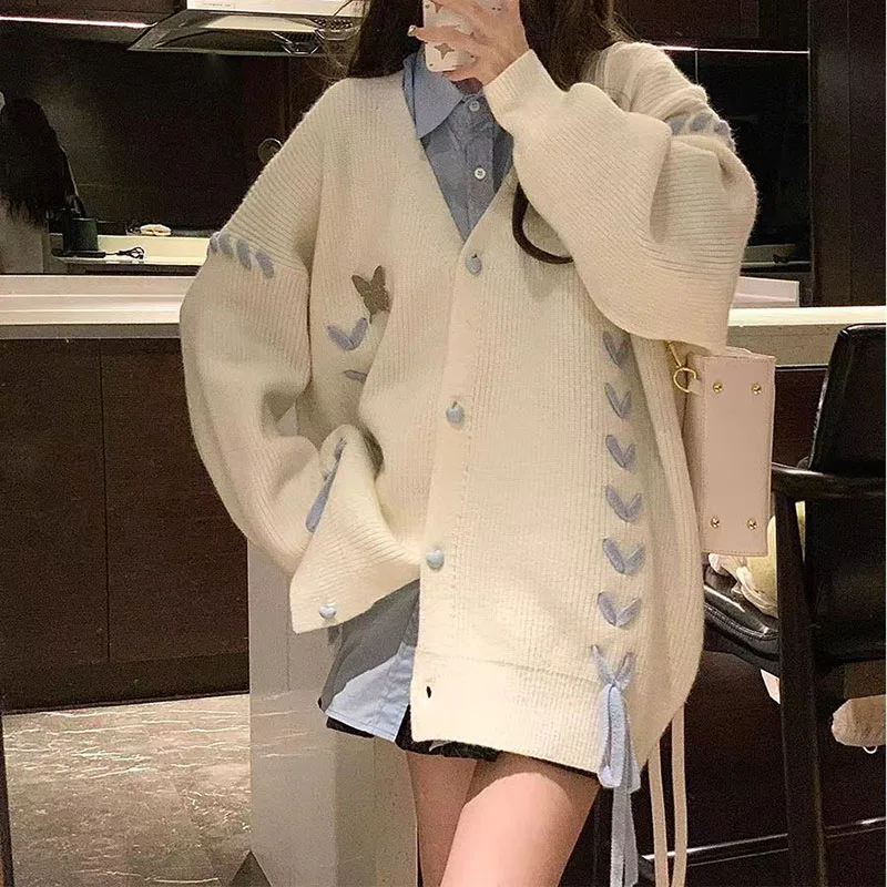 

Xpqbb Autumn Warm Long Sleeve Knitted Cardigan Woman Hollow Out Lace-Up Bow Sweater Women Harajuku Single Breasted Sweater Coat