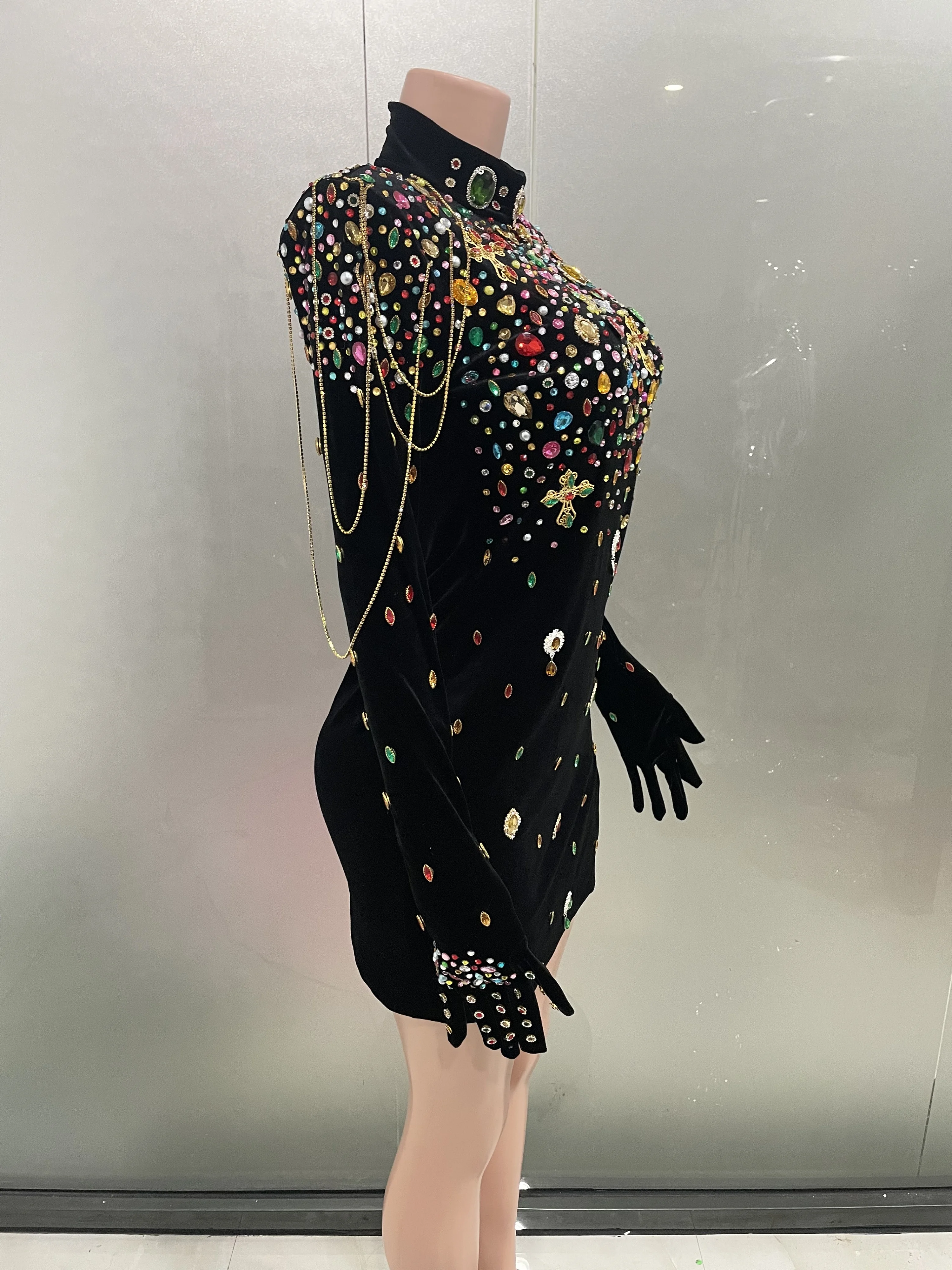 Women sparkle Multicolor Rhinestones Black Velvet Gloves Slit Short Dress Birthday Prom Sexy Wrap Hips Outfits Singer Costume