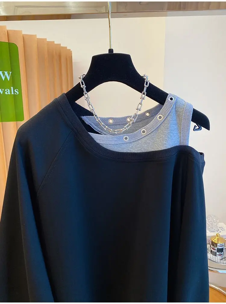 Fake Two Piece Casual Oversized Off Shoulder Sweatshirt Tops Women Designer Hollow Out Sweatshirt Fall Hoodie Jacket Outwear