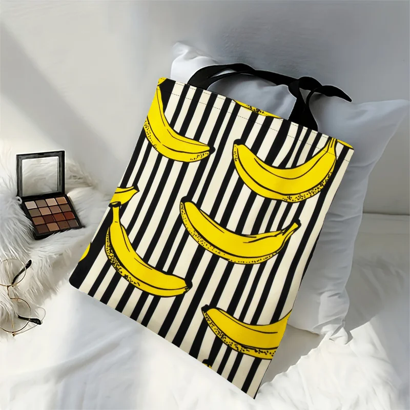 1pc 2D Printed Tote Bag, Banana Pattern Tote with Black and White Striped Background and Yellow Banana Tote Bag