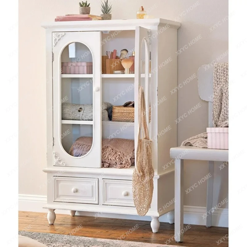 

Lsolid wood carving flower entrance cabinet household white glass door display cabinet