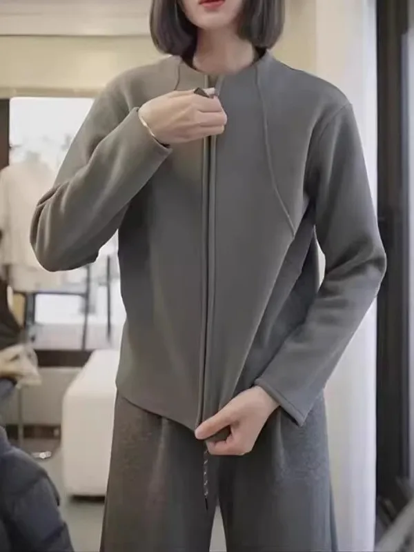 

Корейский свитер-кардиган с воротником-стойкой, двусторонний, утепленный, женский, осенне-зимний, свободный крой, большие размеры