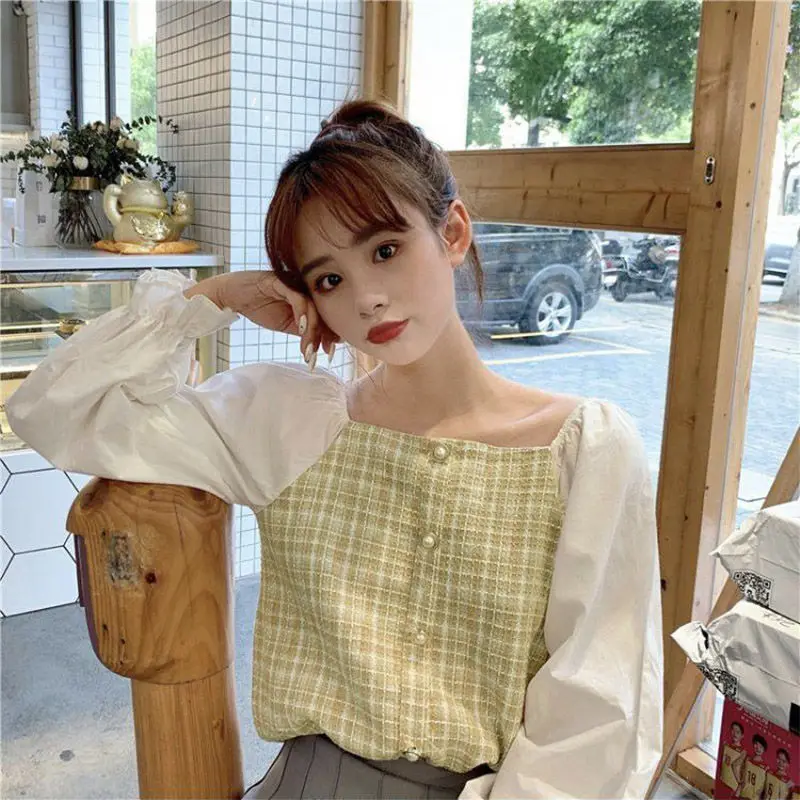 

Nice Femme Spring Summer Korean Fashion Button Patchwork Square Collar Pullovers Women Clothing Fashionable Plaid Long Sleeve To