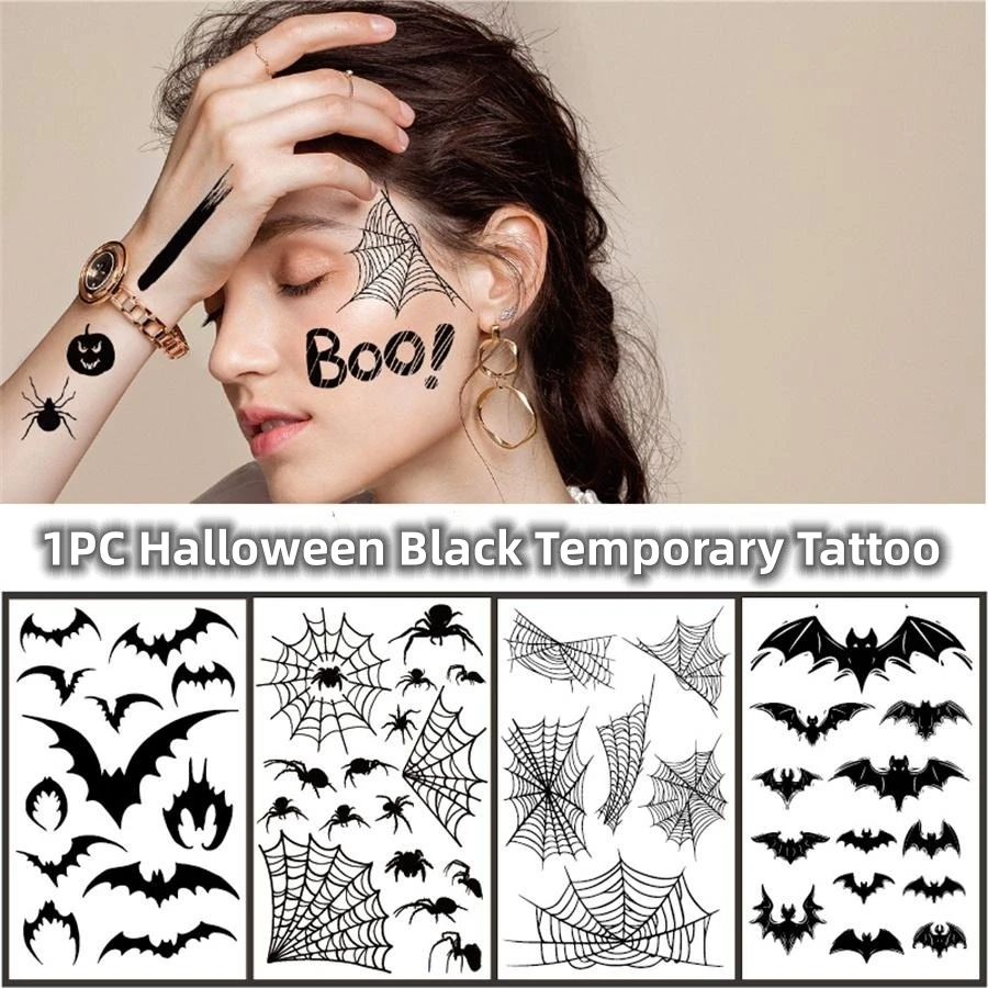 1PC New Cartoon Halloween Tattoos With Black Bat Spider Web Water Transfer Tattoo Stickers Disposable Tattoo Sticker