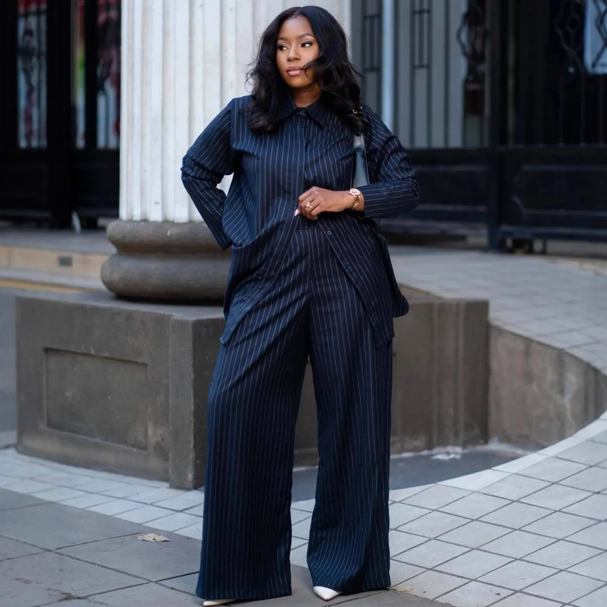 

Pant Set Women Two Piece Sets Turn Down Collar Full Sleeve Shirt Striped Wide Leg Long Pants High Waist Y2k Streetwear Elegant
