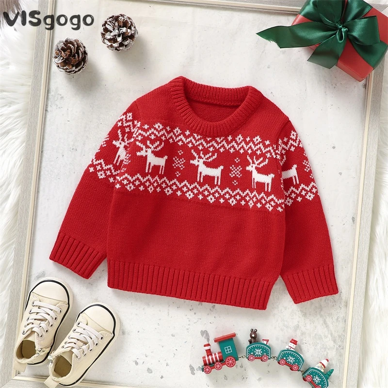 

VISgogo Baby Christmas Knitted Sweater Santa/Elk Print Casual Warm Long Sleeve Pullovers Infant Knitwear Toddler Xmas Clothes