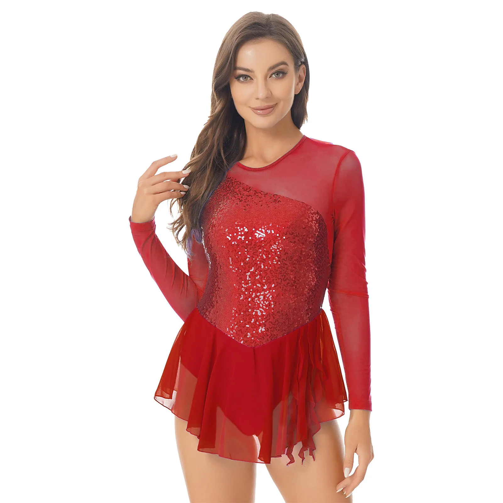 Women Long Sleeves Gymnastics Skirted Leotard Ballet Dancewear Shiny Rhinestones Figure Ice Skating Dress Performance Costume